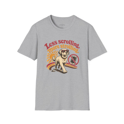 Less Scrolling More Strolling T-Shirt — Retro Dog Walk Graphic Tee