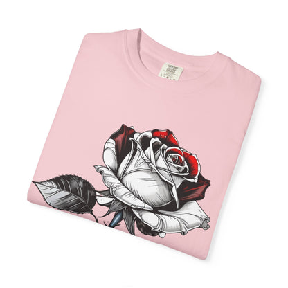 Rose Sketch T-Shirt — Black & Red Botanical Graphic Tee
