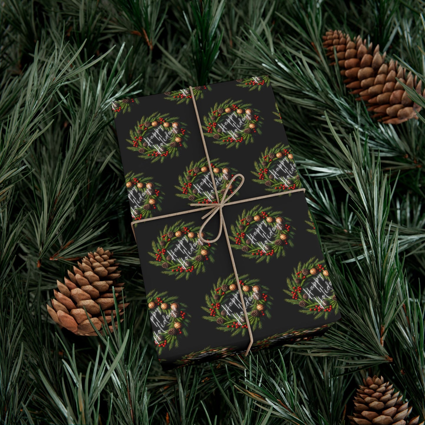Christmas Wreath Gift Wrap Paper — Dark Holiday Wrapping Paper (Pack)