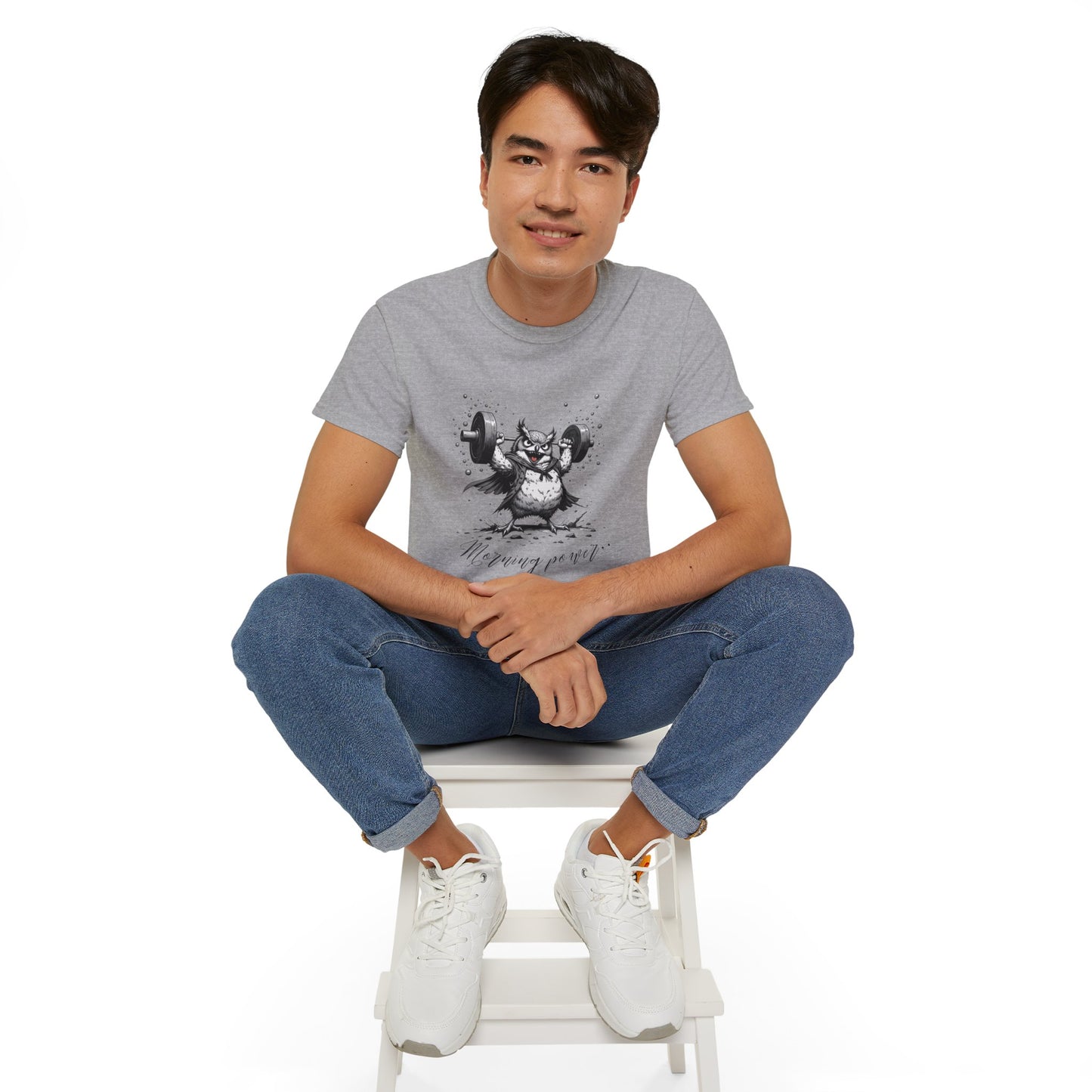 Weightlifting Owl Graphic Tee — "Morning Power" Fitness T-Shirt
