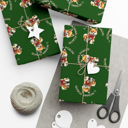 Christmas Corgi Gift Wrap Paper – Green Holiday Wrapping Sheets with Cute Dog Pattern