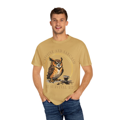 Coffee & Sarcasm Owl T-Shirt — "My Survival Kit" Graphic Tee