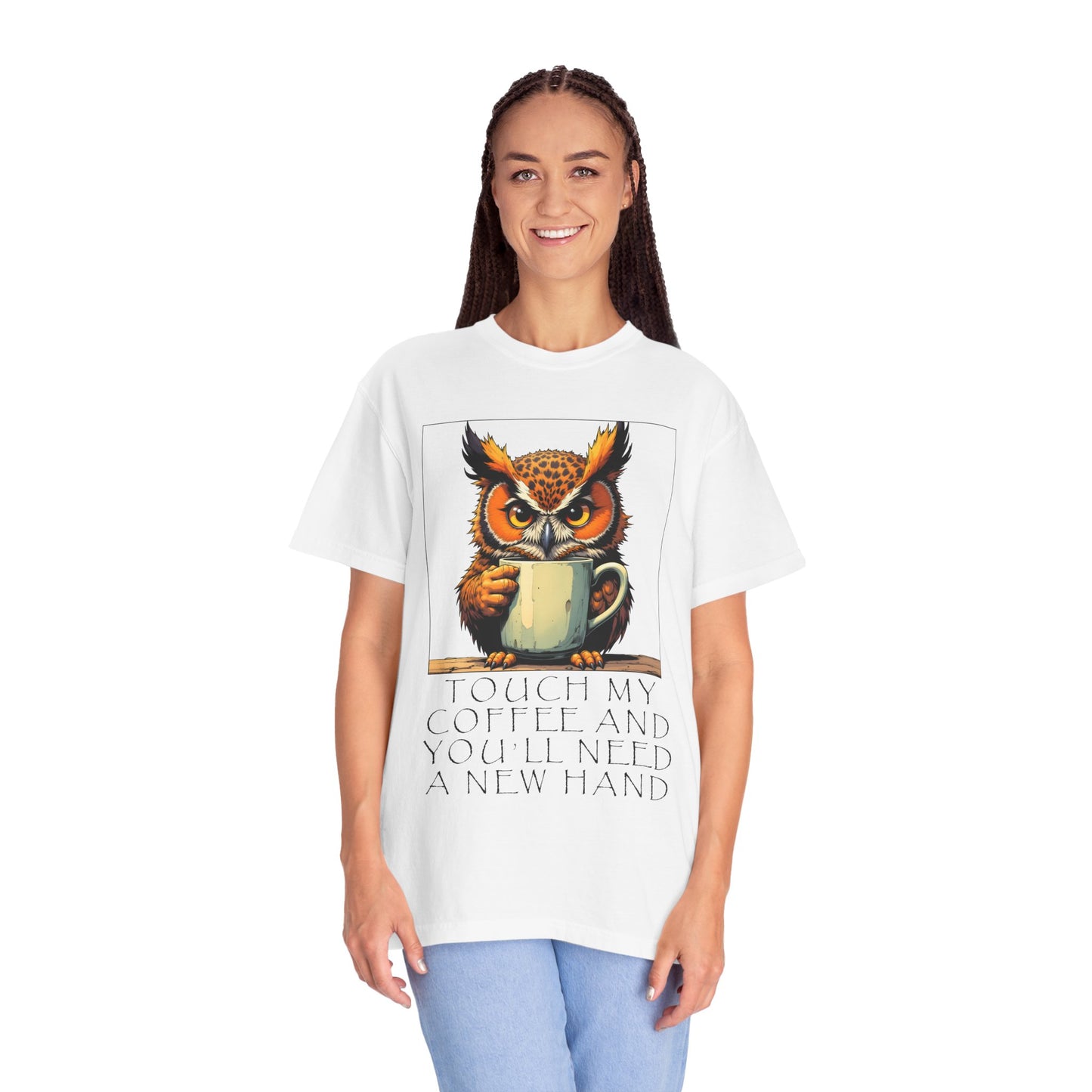 Coffee Owl T‑Shirt - "Touch My Coffee and You'll Need a New Hand" Graphic Tee