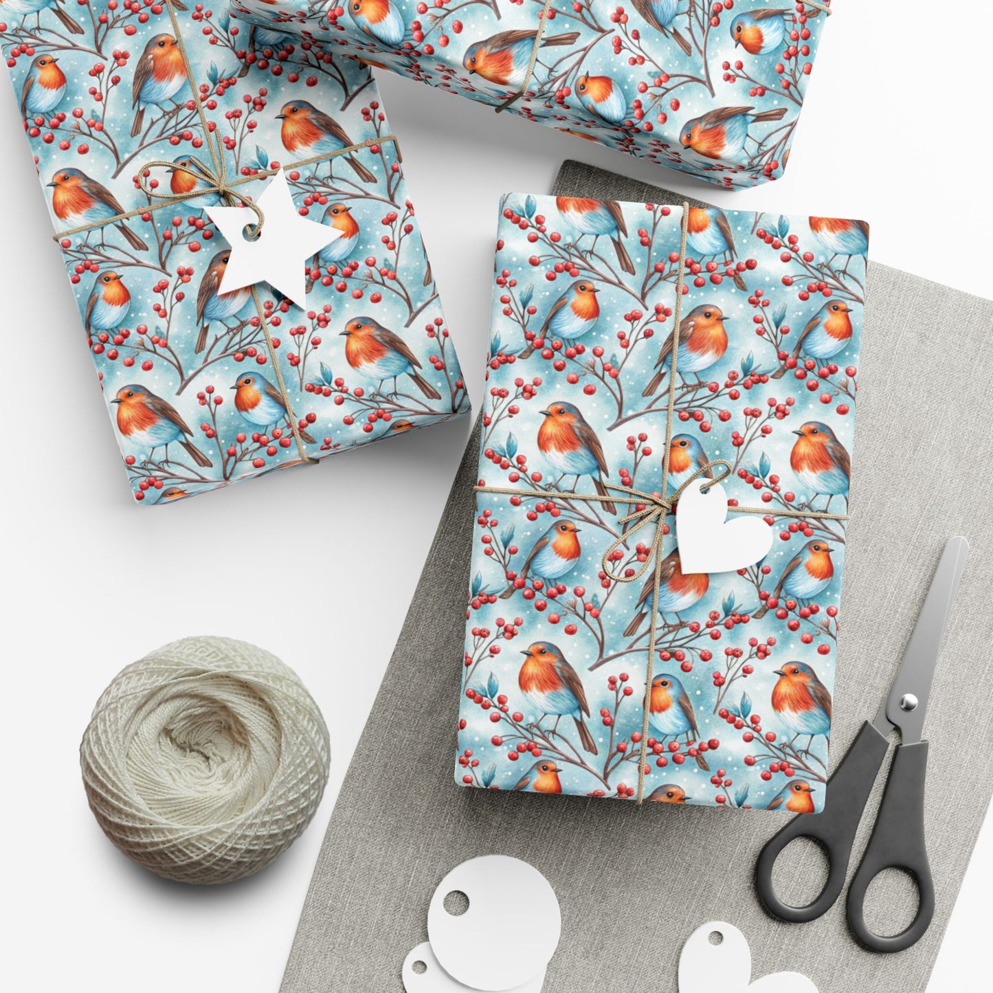 Robin & Berries Gift Wrap Paper — Winter Holiday Wrapping Sheets