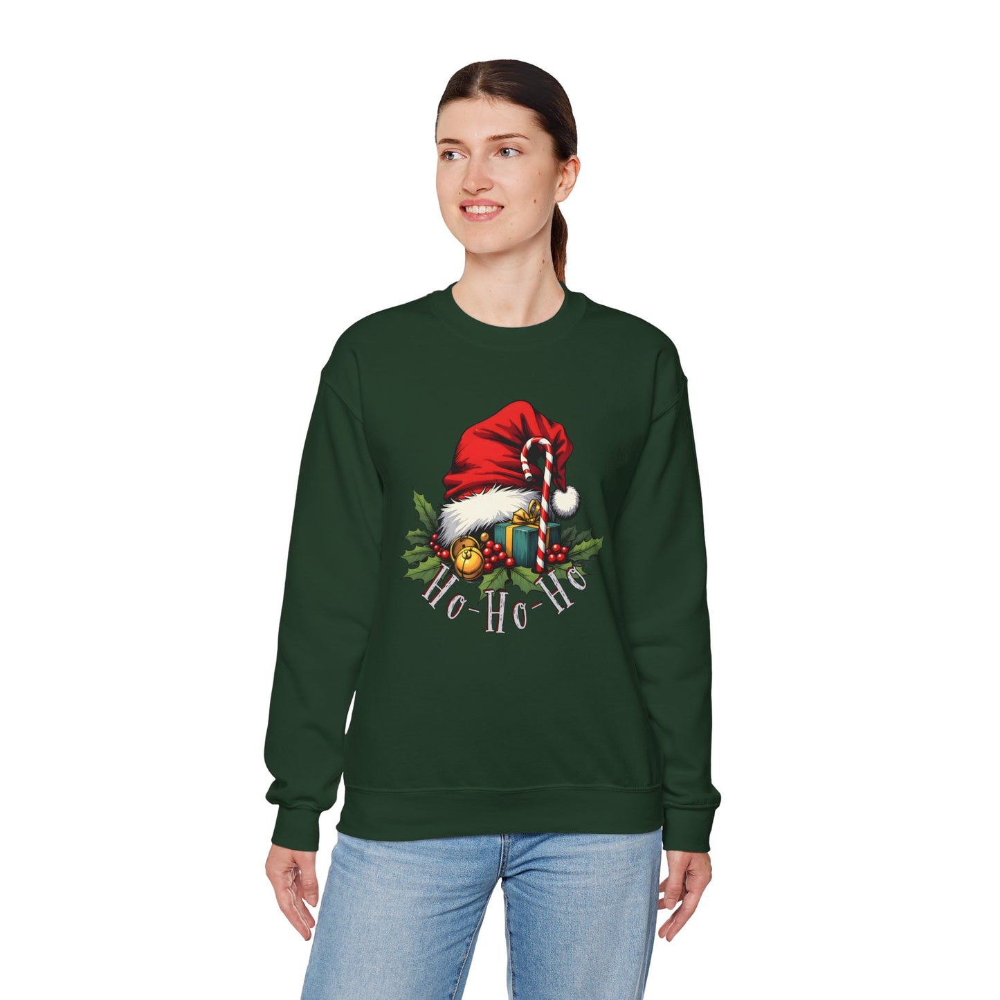 Christmas Sweatshirt - 'Ho-Ho-Ho' Santa Hat & Holly Holiday Crewneck