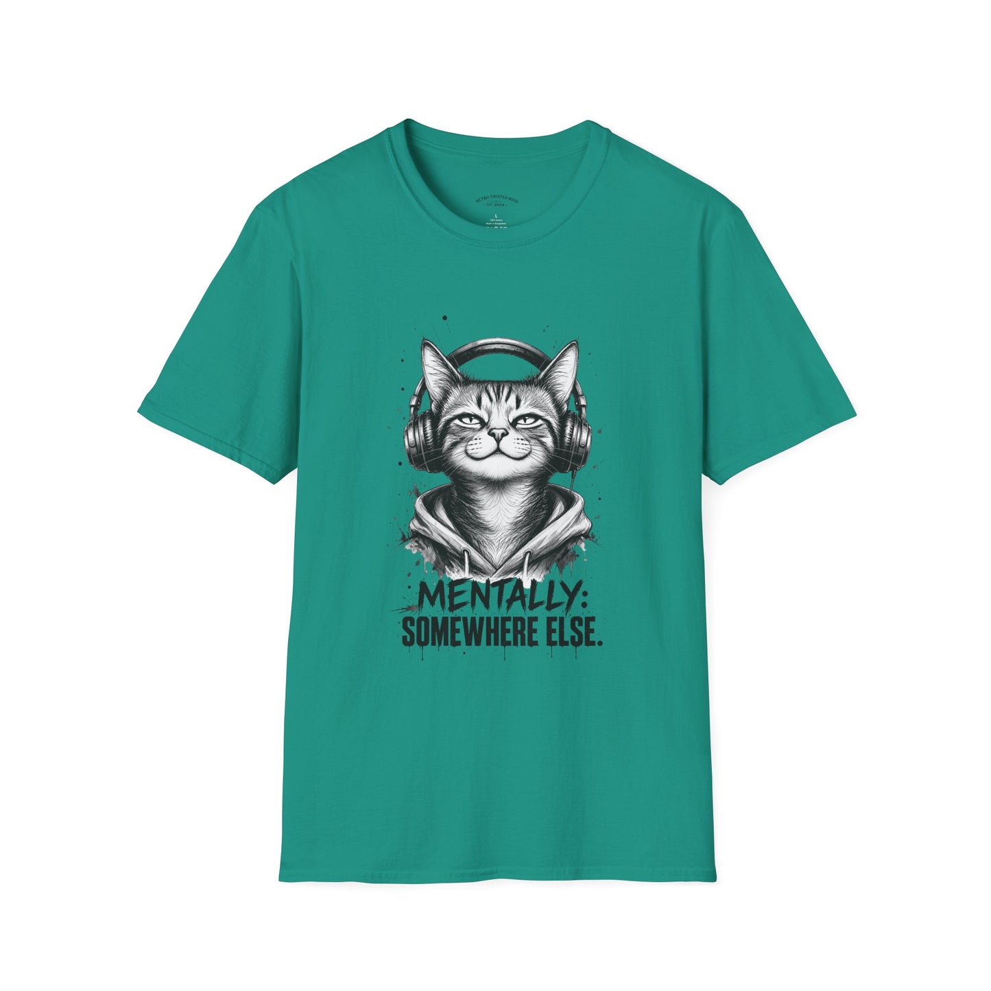 T-Shirt — Cat with Headphones "Mentally: Somewhere Else" – Cute Relaxed Graphic Tee for Cat Lovers