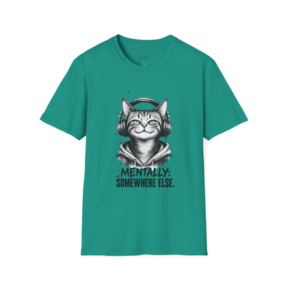 T-Shirt — Cat with Headphones "Mentally: Somewhere Else" – Cute Relaxed Graphic Tee for Cat Lovers