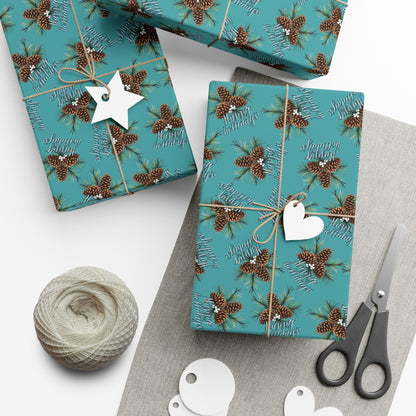 Pinecone & Spruce Teal Gift Wrap Paper – Rustic Holiday Wrapping Sheets
