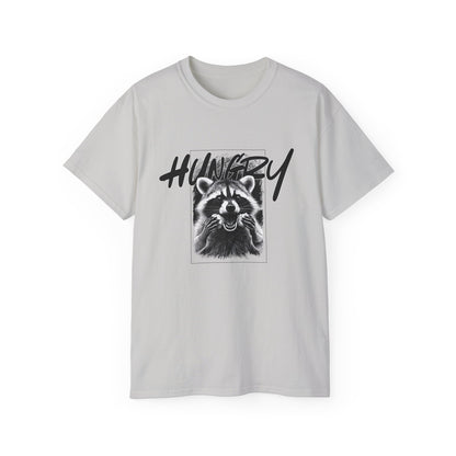 Hungry Raccoon Graphic Tee – Vintage Black & White Animal T-Shirt