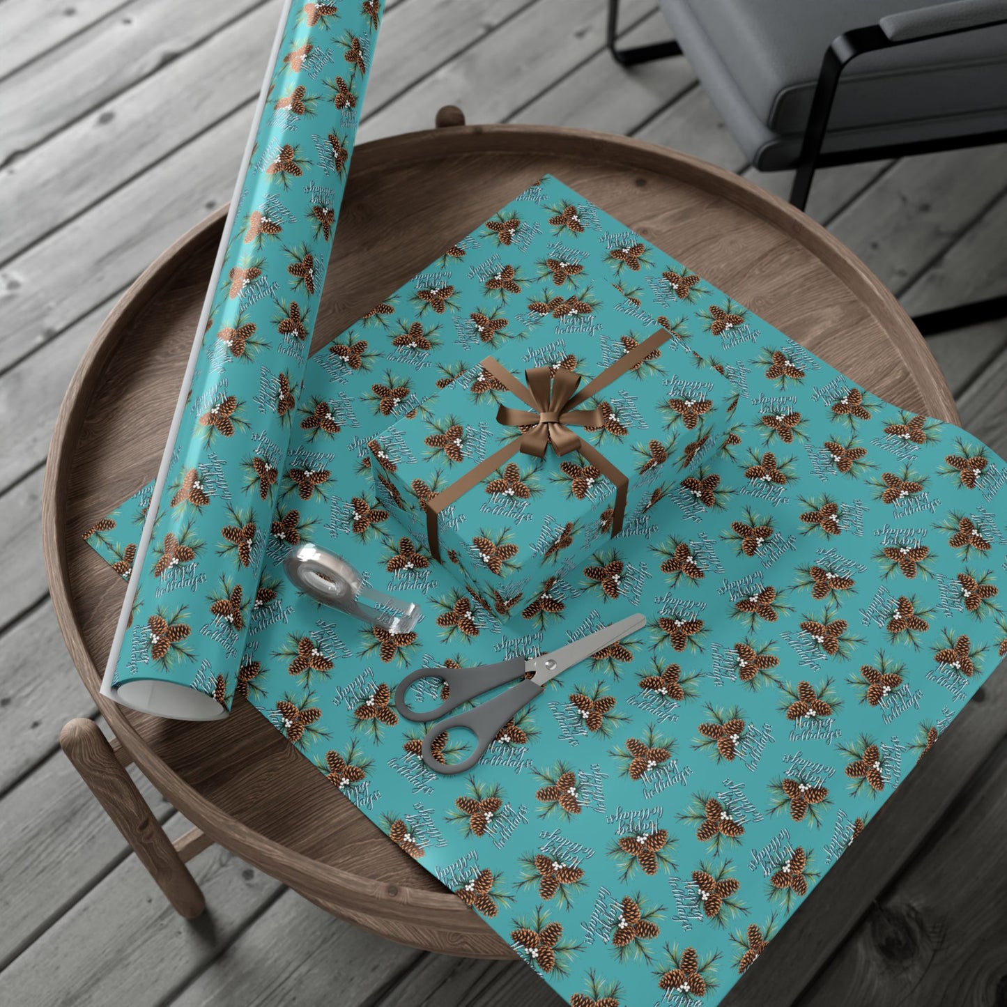 Pinecone & Spruce Teal Gift Wrap Paper – Rustic Holiday Wrapping Sheets