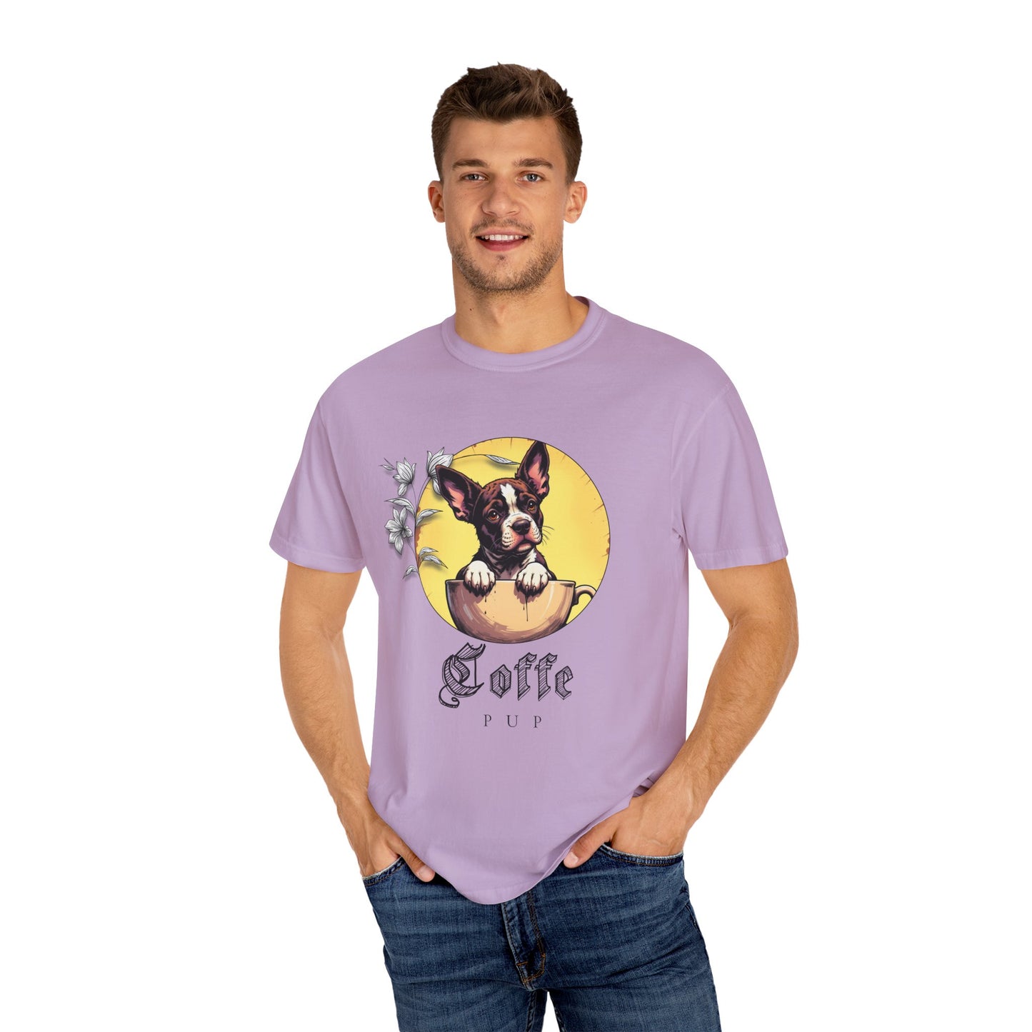 Coffee Pup Unisex Garment-Dyed T-shirt - Cute Dog Lovers Tee