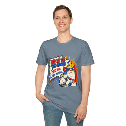 Cat T-Shirt — "My Cat Has Two Moods: Feed Me, Leave Me Alone" Funny Retro Comic Tee