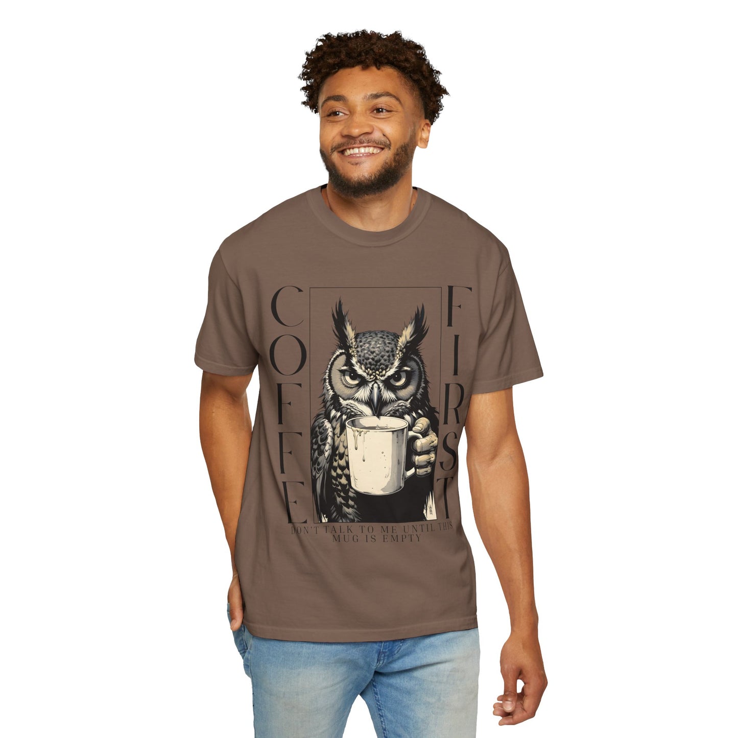 Coffee First Owl T-Shirt — Funny Morning Coffee Tee