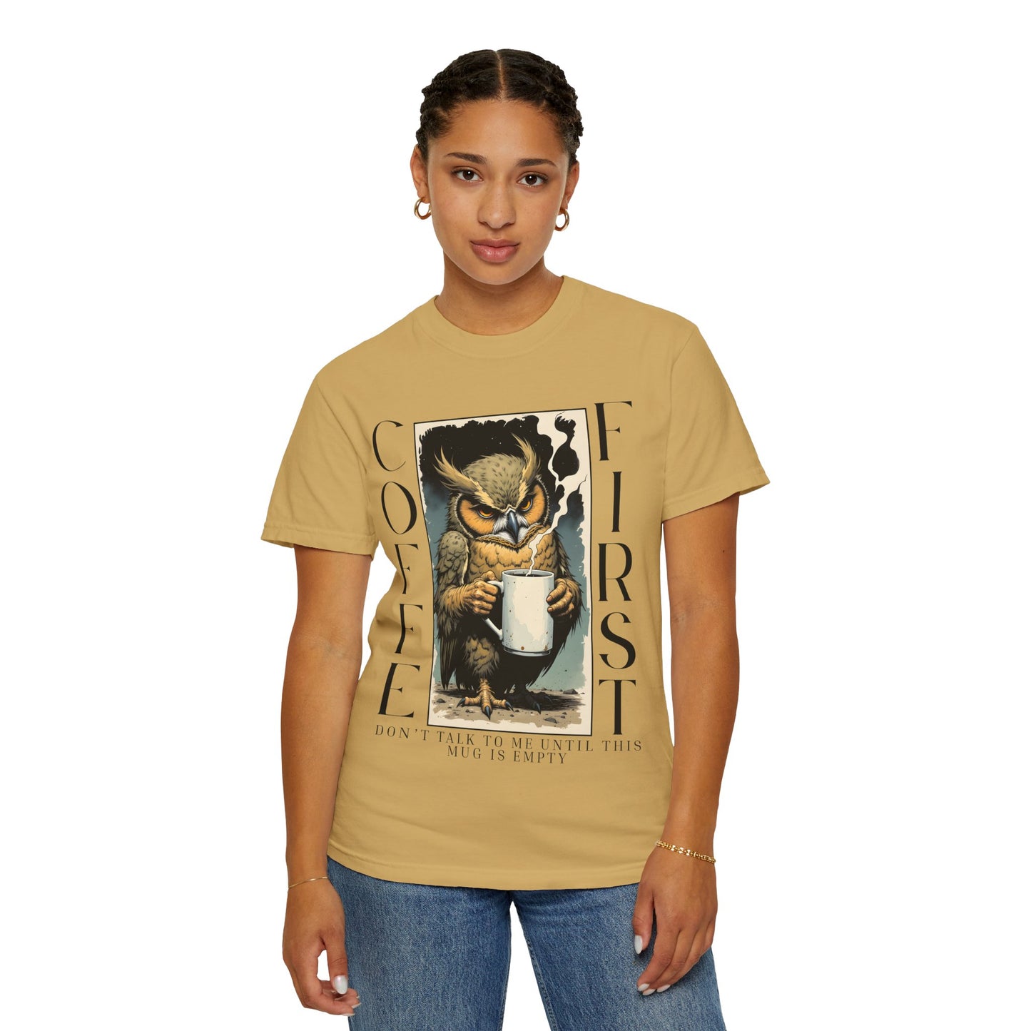 Coffee First Owl T-Shirt — Vintage Owl Holding  Graphic Tee