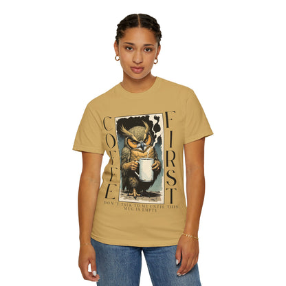Coffee First Owl T-Shirt — Vintage Owl Holding  Graphic Tee