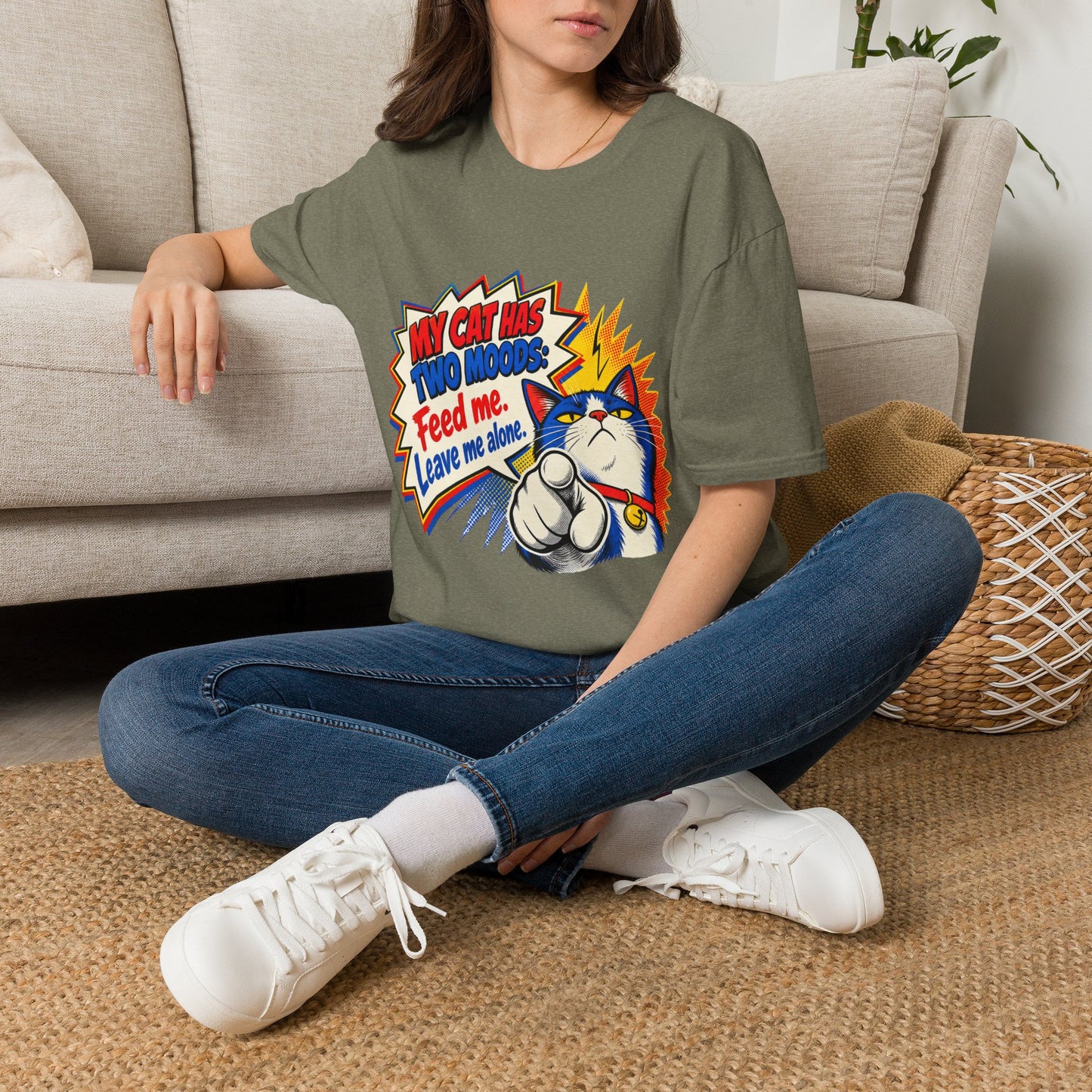 Cat T-Shirt — "My Cat Has Two Moods: Feed Me, Leave Me Alone" Funny Retro Comic Tee
