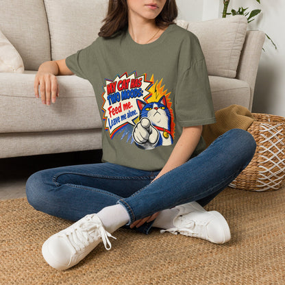 Cat T-Shirt — "My Cat Has Two Moods: Feed Me, Leave Me Alone" Funny Retro Comic Tee
