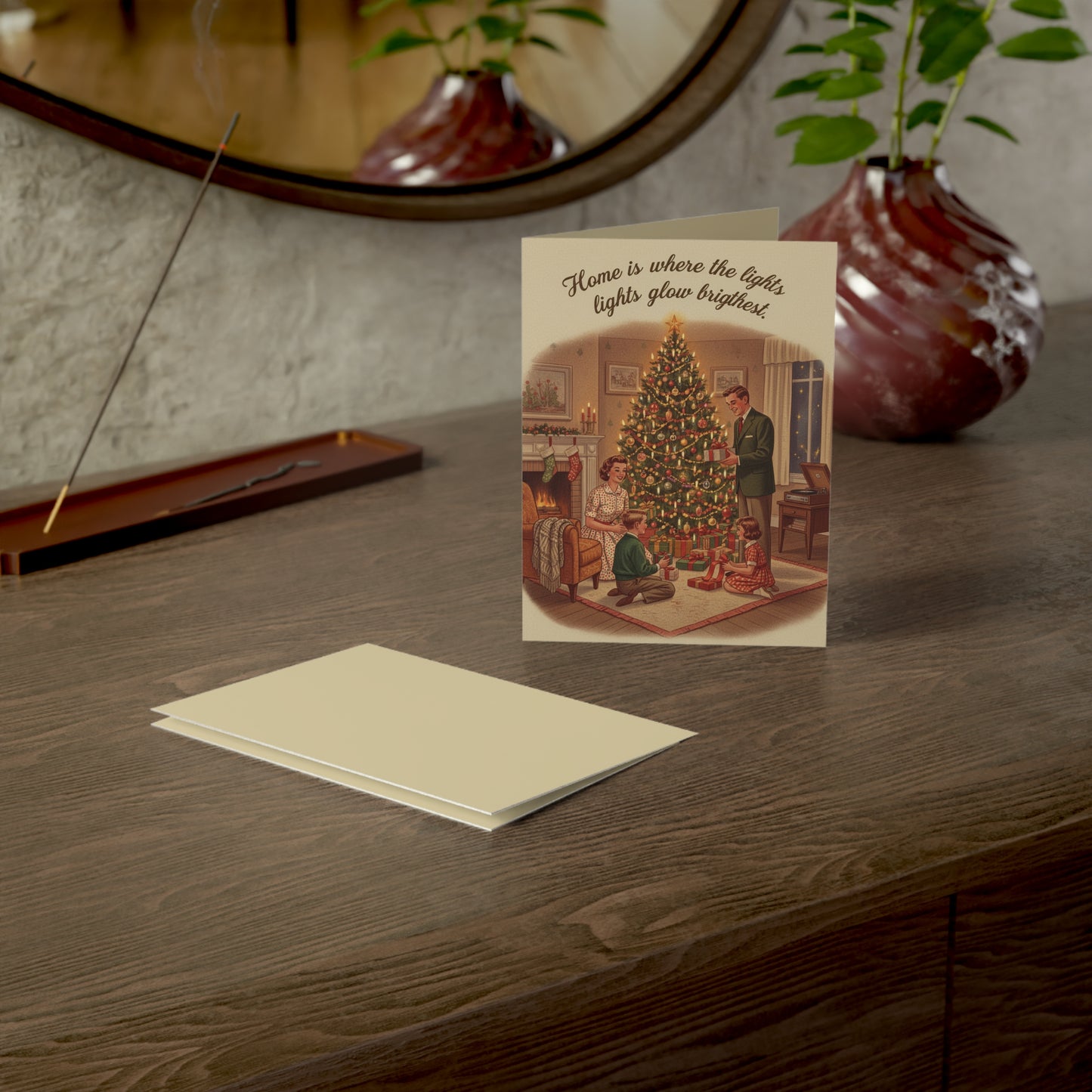 Vintage Christmas Greeting Cards – 'Home is Where the Lights Glow Brighter' Holiday Card Pack (1/10/30/50)