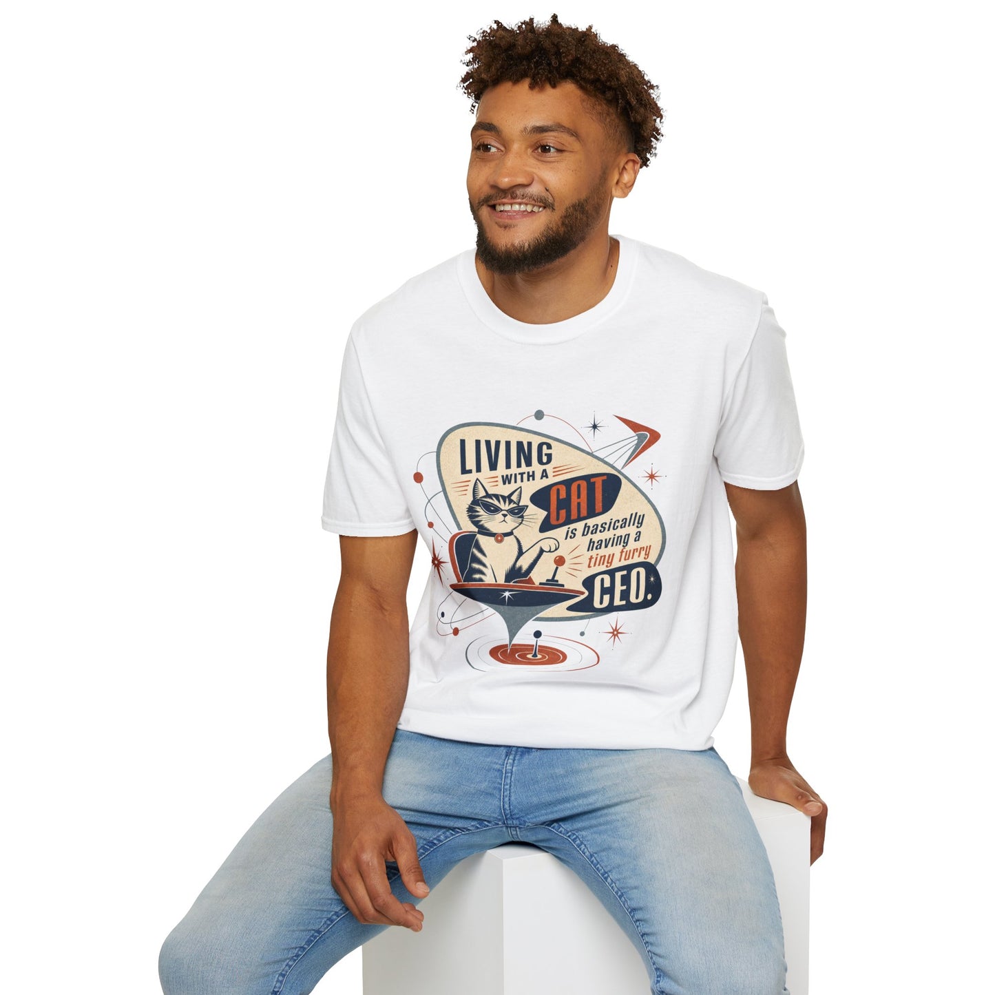 Cat T-Shirt — "Living with a Cat is Basically Having a Furry CEO" Retro Graphic