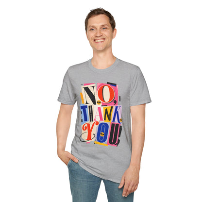 No, Thank You Graphic Tee — Colorful Bold Lettering T‑Shirt
