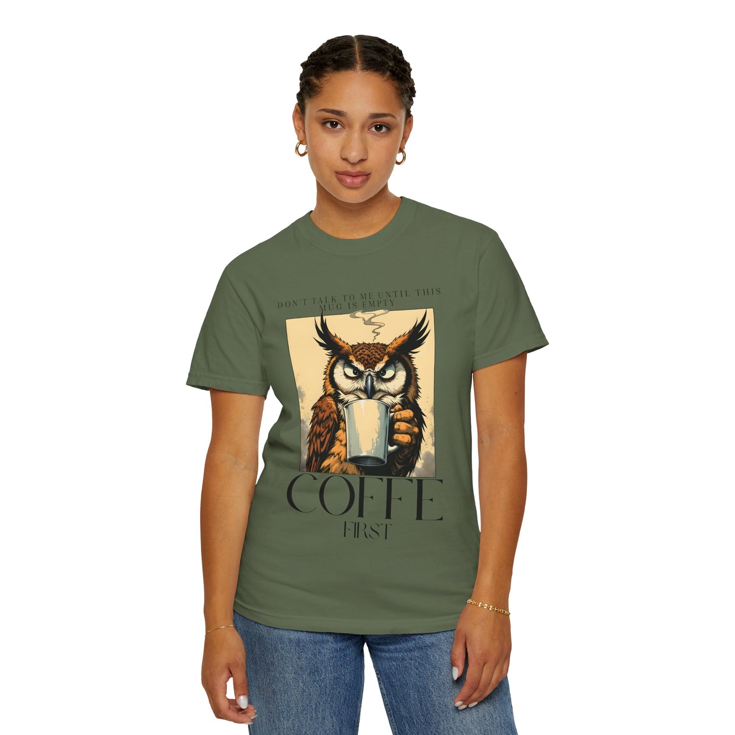 Coffee First Owl T-Shirt — Vintage Coffee Lover Graphic Tee