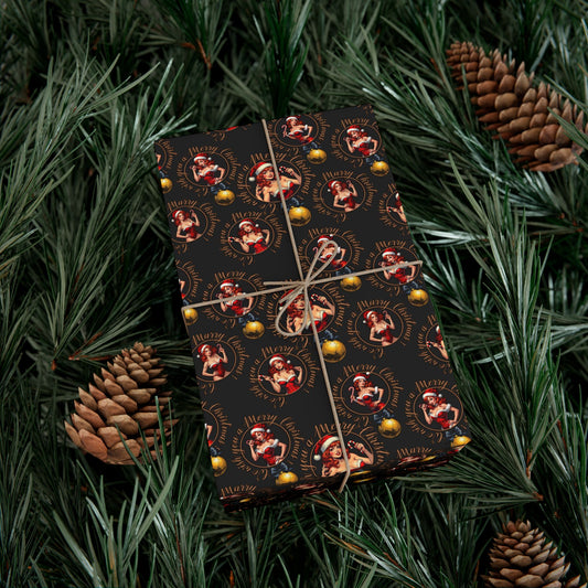 black Wrapping Paper — Vintage Pinup red hair girl & Ornaments Christmas Gift Wrap
