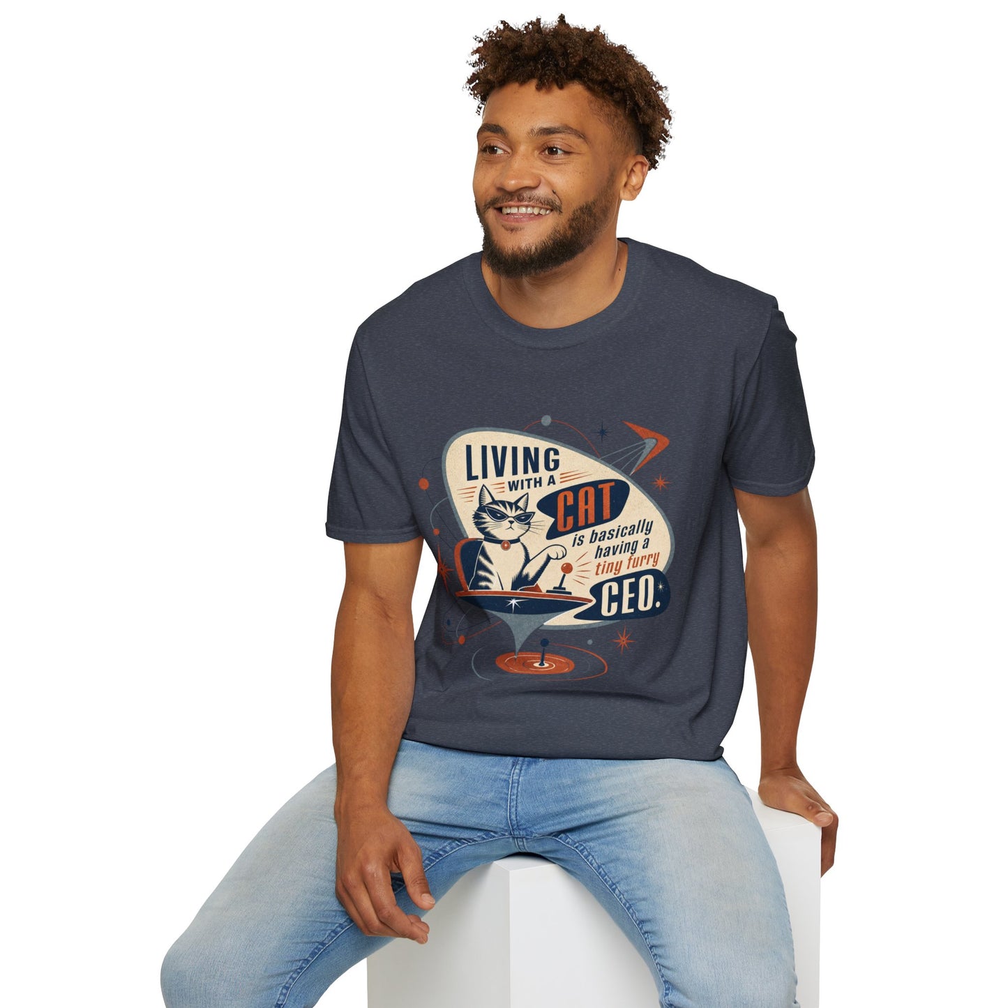 Cat T-Shirt — "Living with a Cat is Basically Having a Furry CEO" Retro Graphic