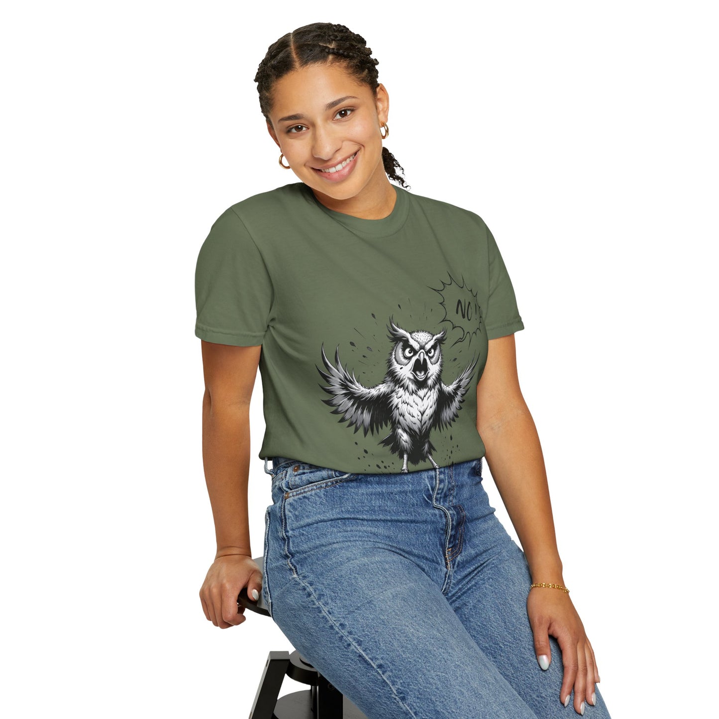 Owl Saying “No” Graphic T-Shirt — Bold Monochrome Illustration