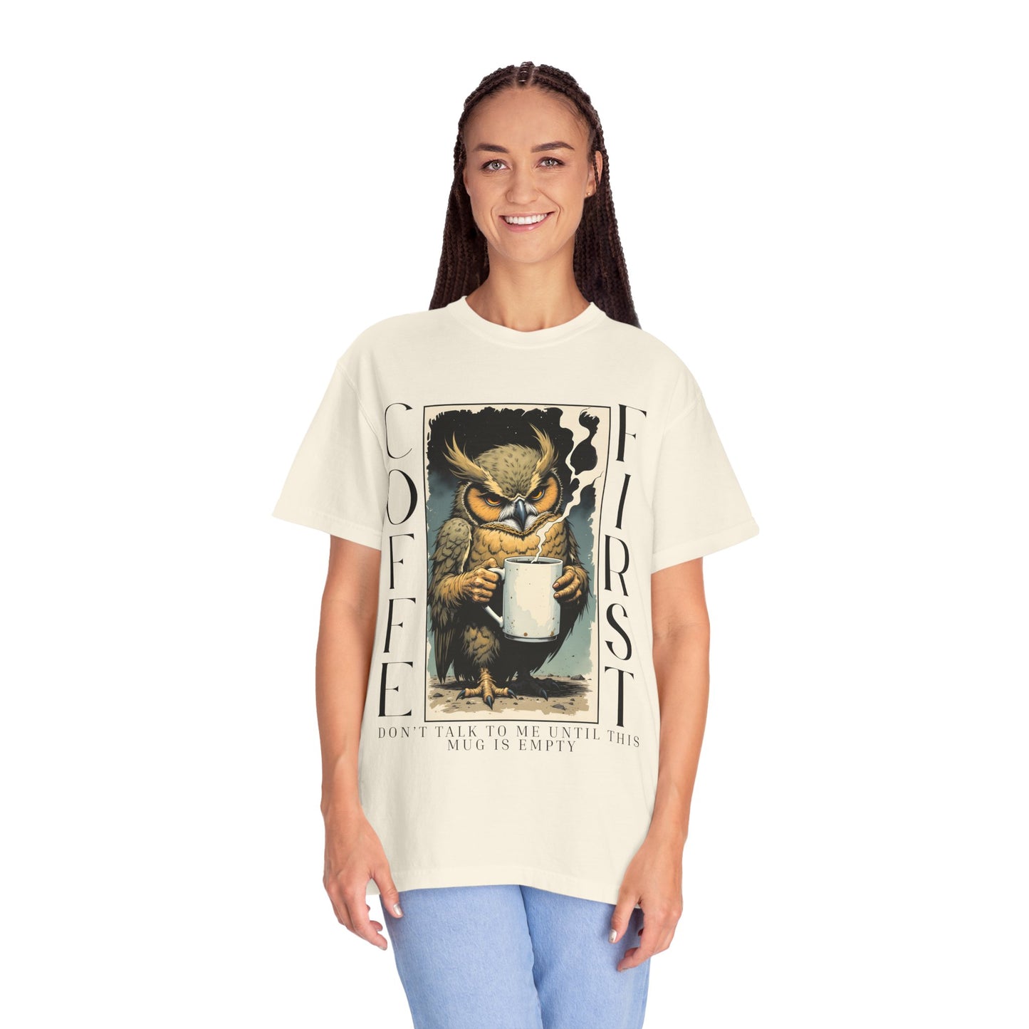 Coffee First Owl T-Shirt — Vintage Owl Holding  Graphic Tee