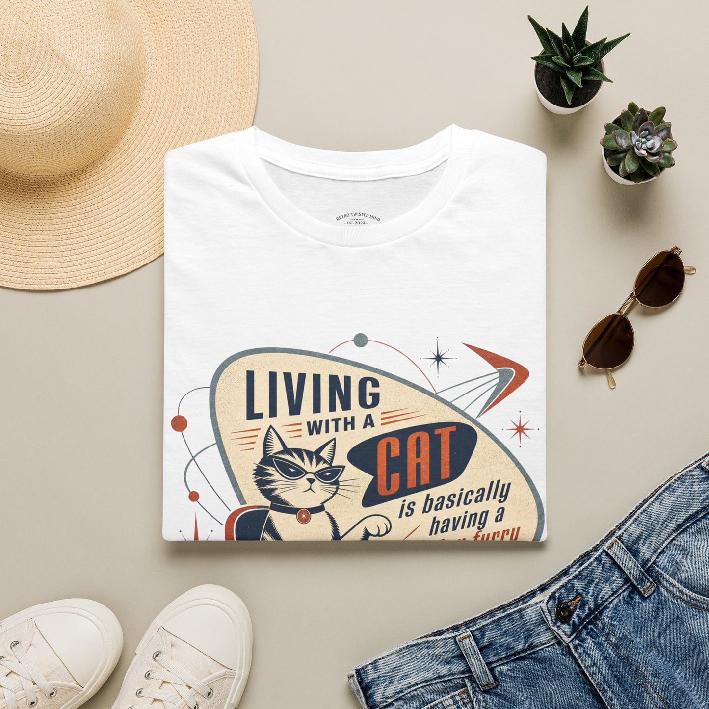 Cat T-Shirt — "Living with a Cat is Basically Having a Furry CEO" Retro Graphic