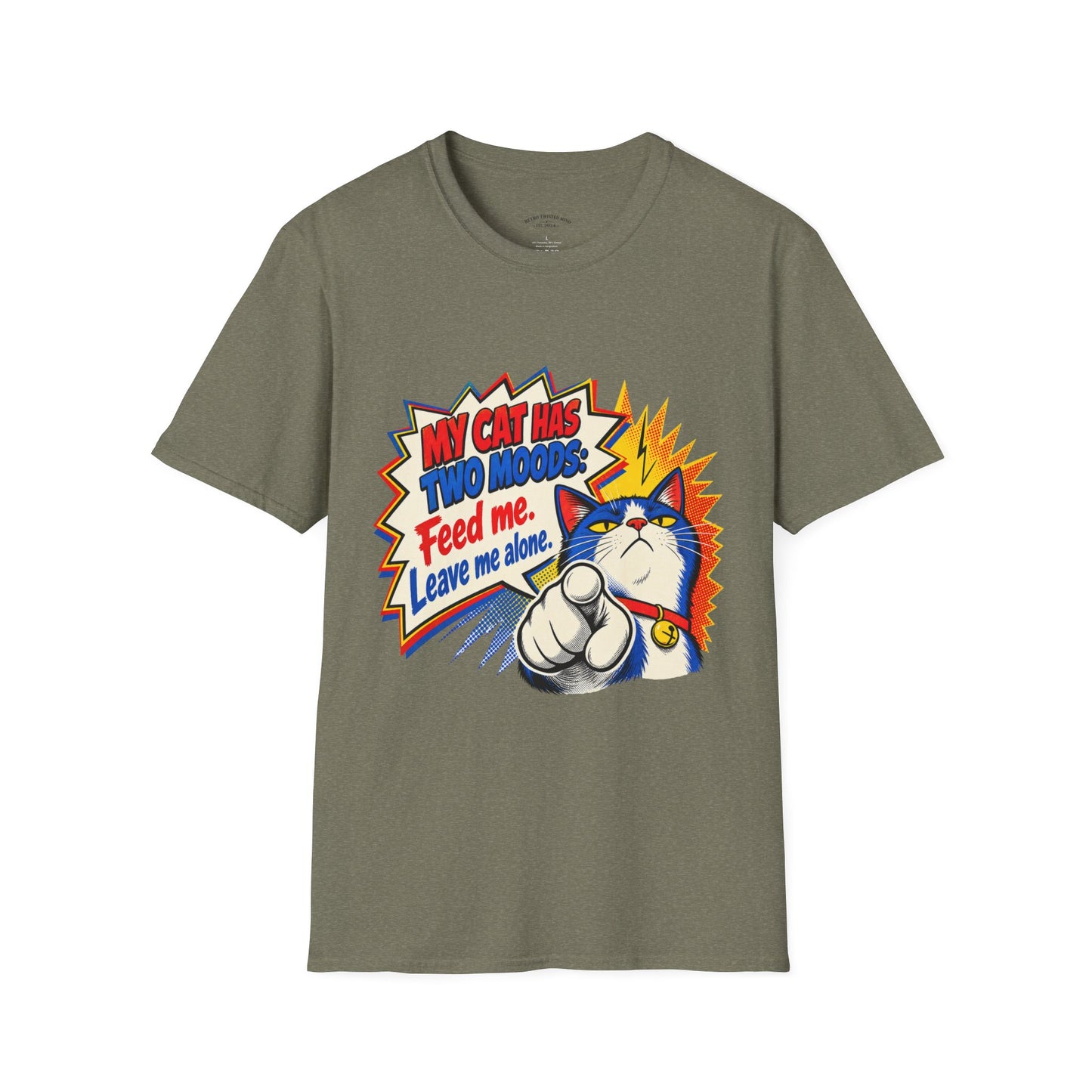 Cat T-Shirt — "My Cat Has Two Moods: Feed Me, Leave Me Alone" Funny Retro Comic Tee