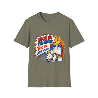 Cat T-Shirt — "My Cat Has Two Moods: Feed Me, Leave Me Alone" Funny Retro Comic Tee