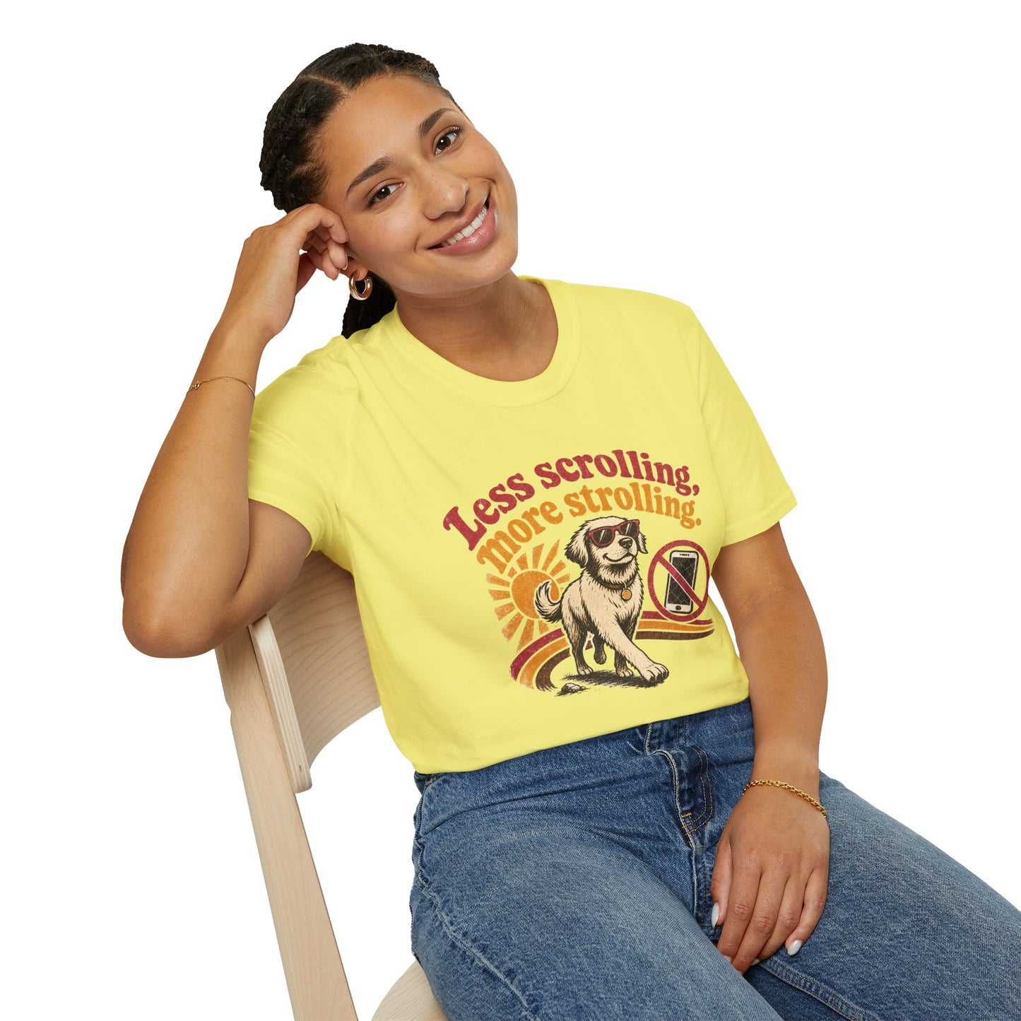 Less Scrolling More Strolling T-Shirt — Retro Dog Walk Graphic Tee