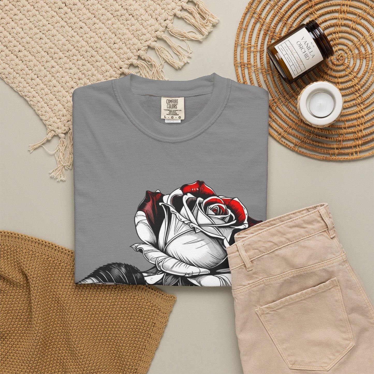 Rose Sketch T-Shirt — Black & Red Botanical Graphic Tee