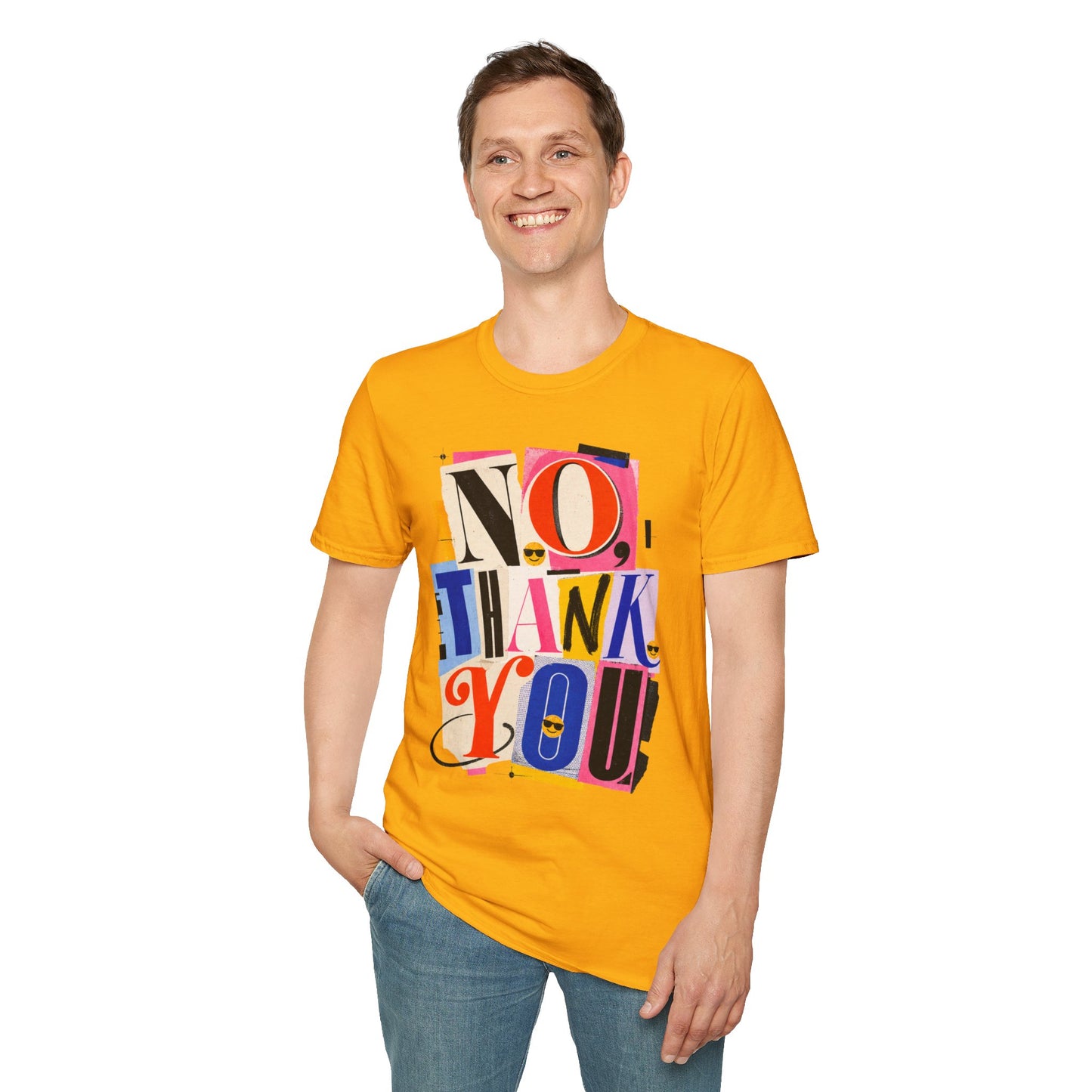 No, Thank You Graphic Tee — Colorful Bold Lettering T‑Shirt