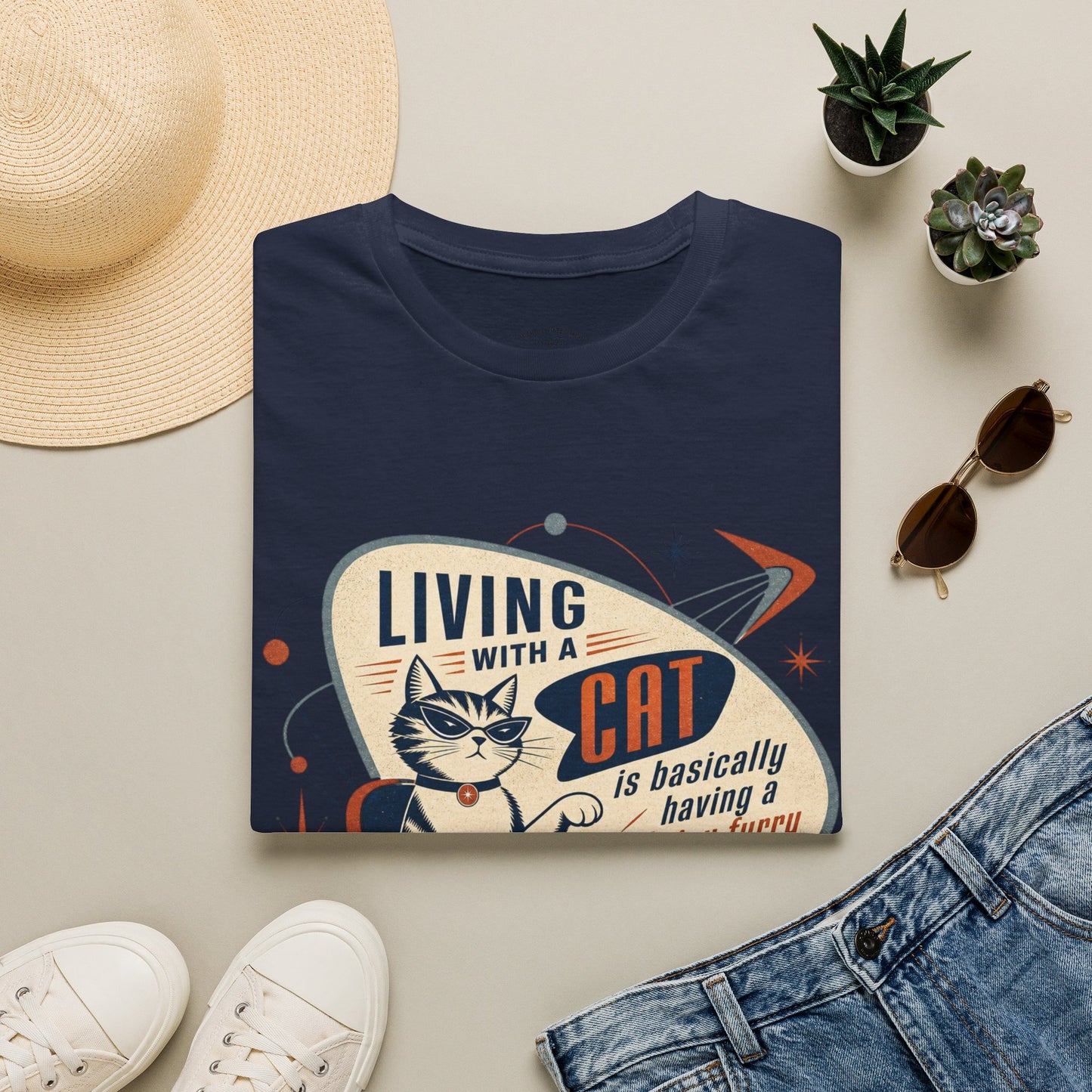 Cat T-Shirt — "Living with a Cat is Basically Having a Furry CEO" Retro Graphic