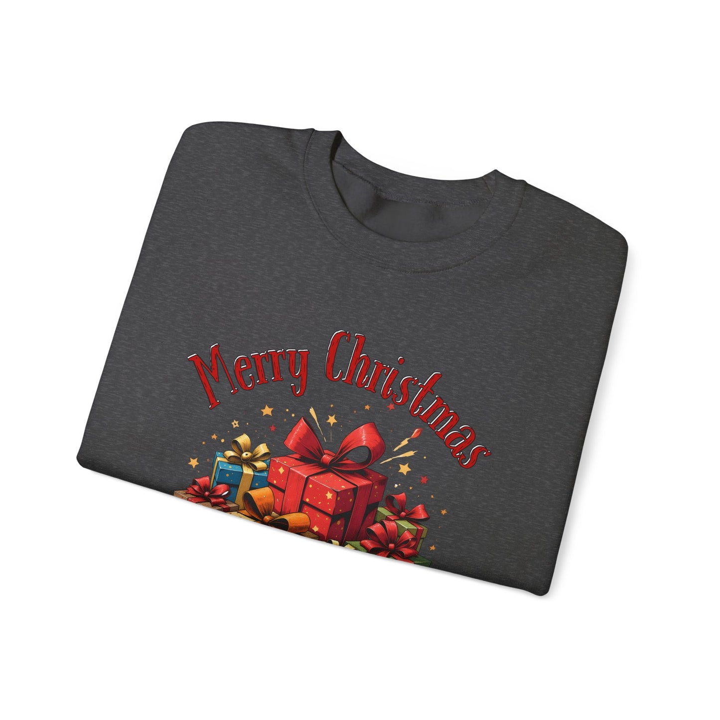Christmas Crewneck Sweatshirt — "Merry Christmas" with Festive Gift Pile