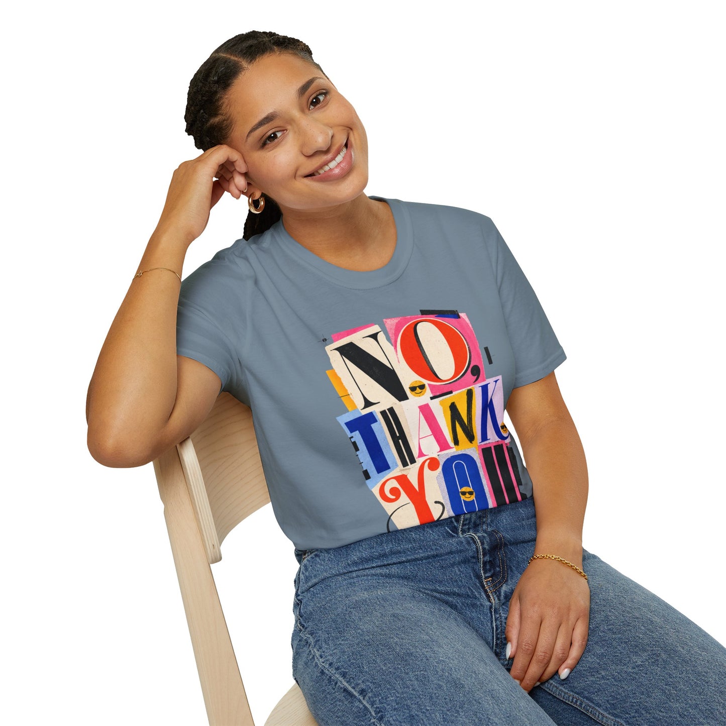 No, Thank You Graphic Tee — Colorful Bold Lettering T‑Shirt