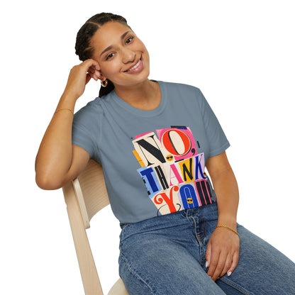 No, Thank You Graphic Tee — Colorful Bold Lettering T‑Shirt