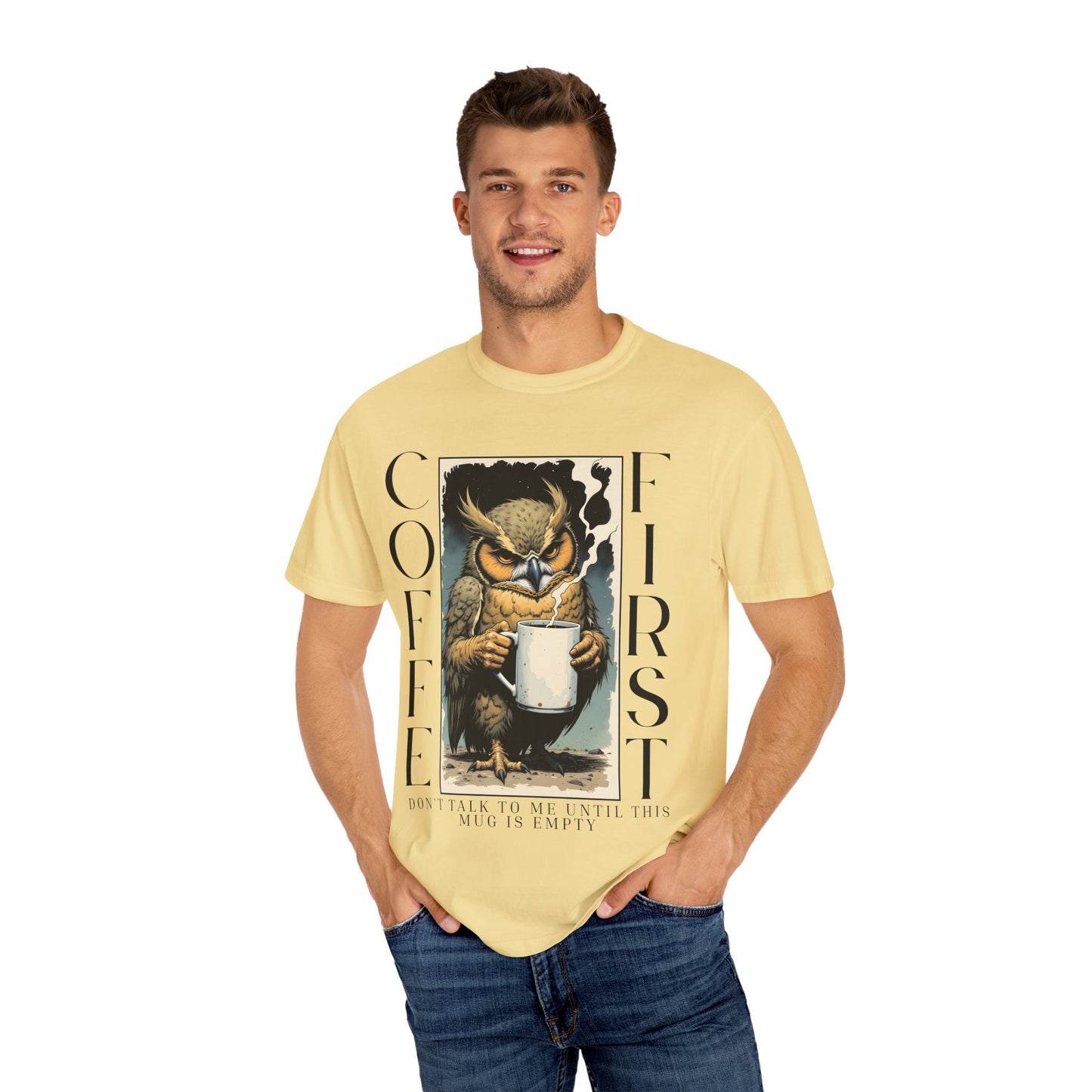Coffee First Owl T-Shirt — Vintage Owl Holding  Graphic Tee