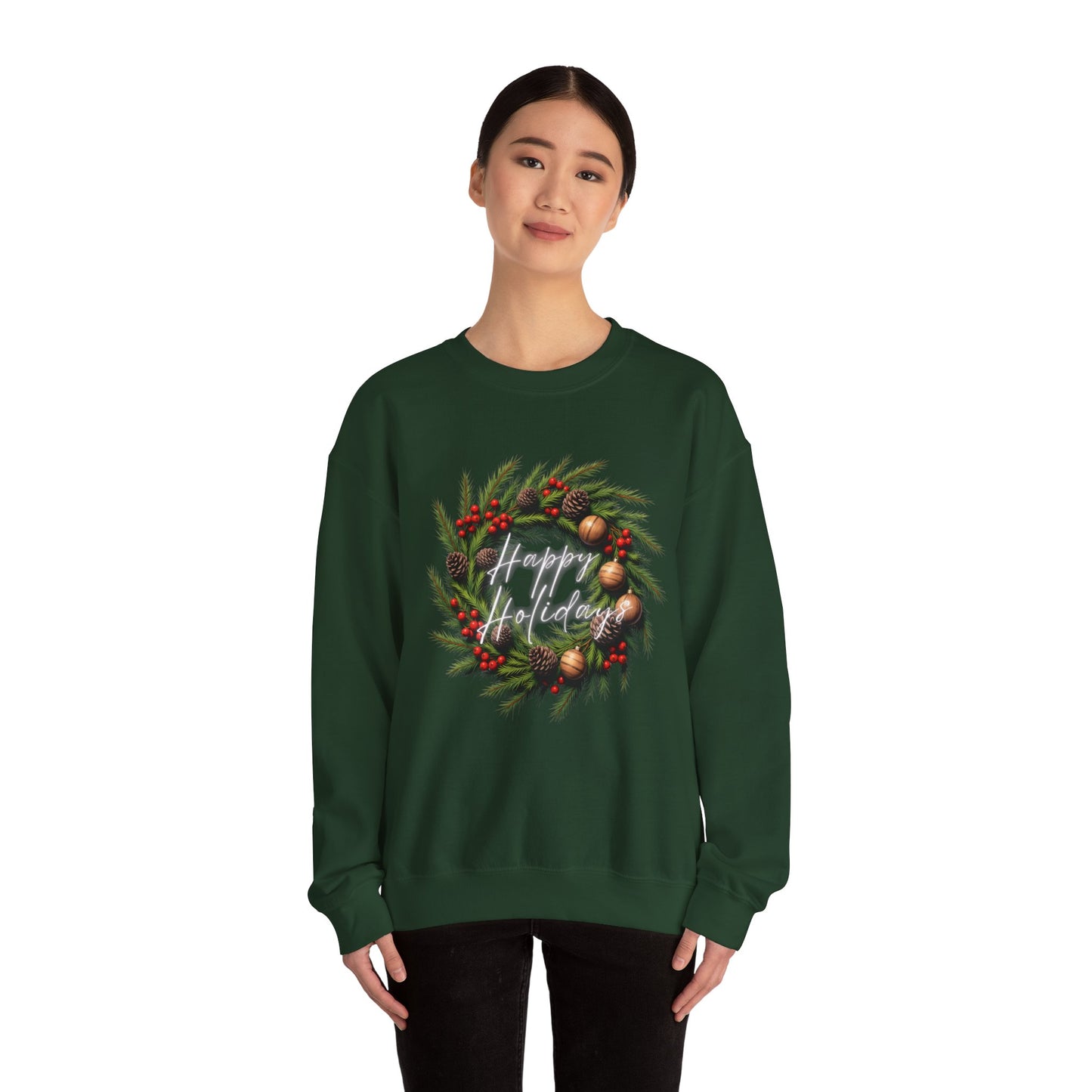 Christmas Wreath Crewneck Sweatshirt – Festive Pine & Ornaments Holiday Sweater