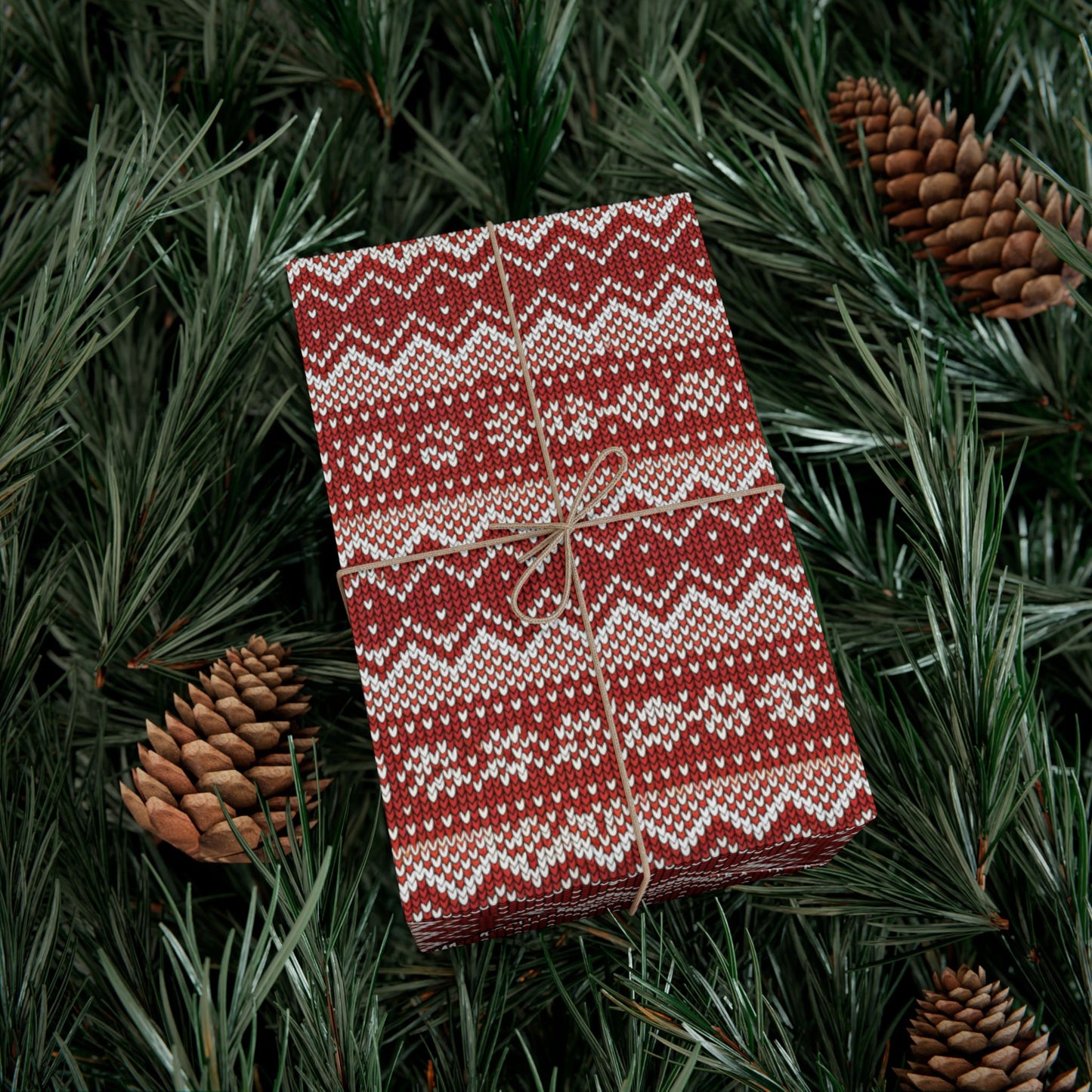 Holiday Knit-Pattern Gift Wrap Paper — Red Nordic Christmas Wrapping Sheets