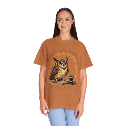 Coffee & Sarcasm Owl T-Shirt — "My Survival Kit" Graphic Tee