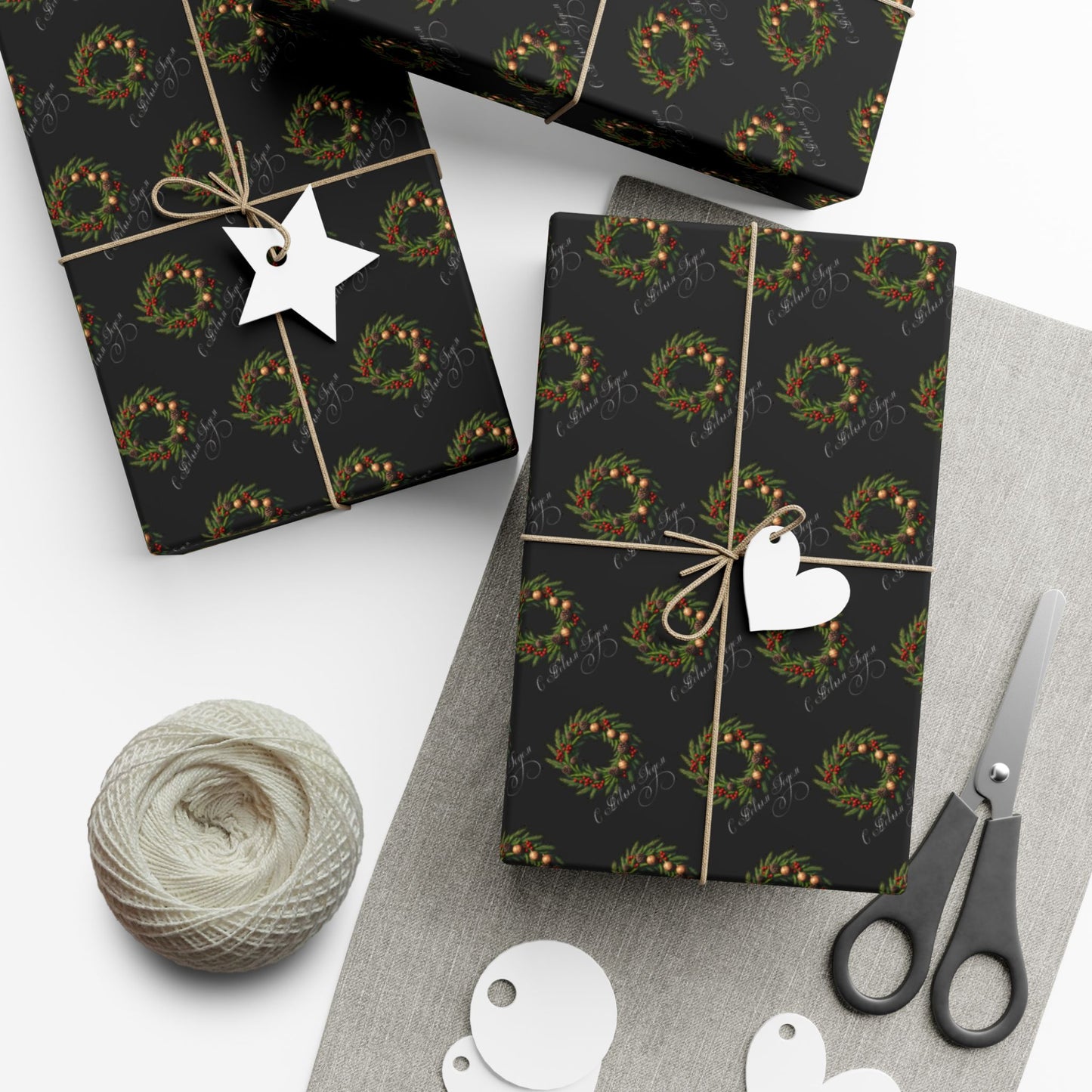 Wreath Pattern Gift Wrap Paper – Black & Gold Holiday Wrapping Sheets