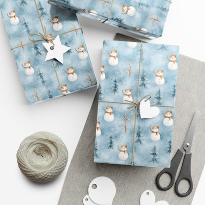 Snowman & Pine Holiday Gift Wrap Paper — Blue Winter Christmas Wrapping Sheets