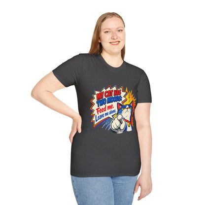 Cat T-Shirt — "My Cat Has Two Moods: Feed Me, Leave Me Alone" Funny Retro Comic Tee