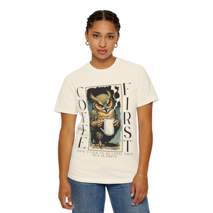 Coffee First Owl T-Shirt — Vintage Owl Holding  Graphic Tee