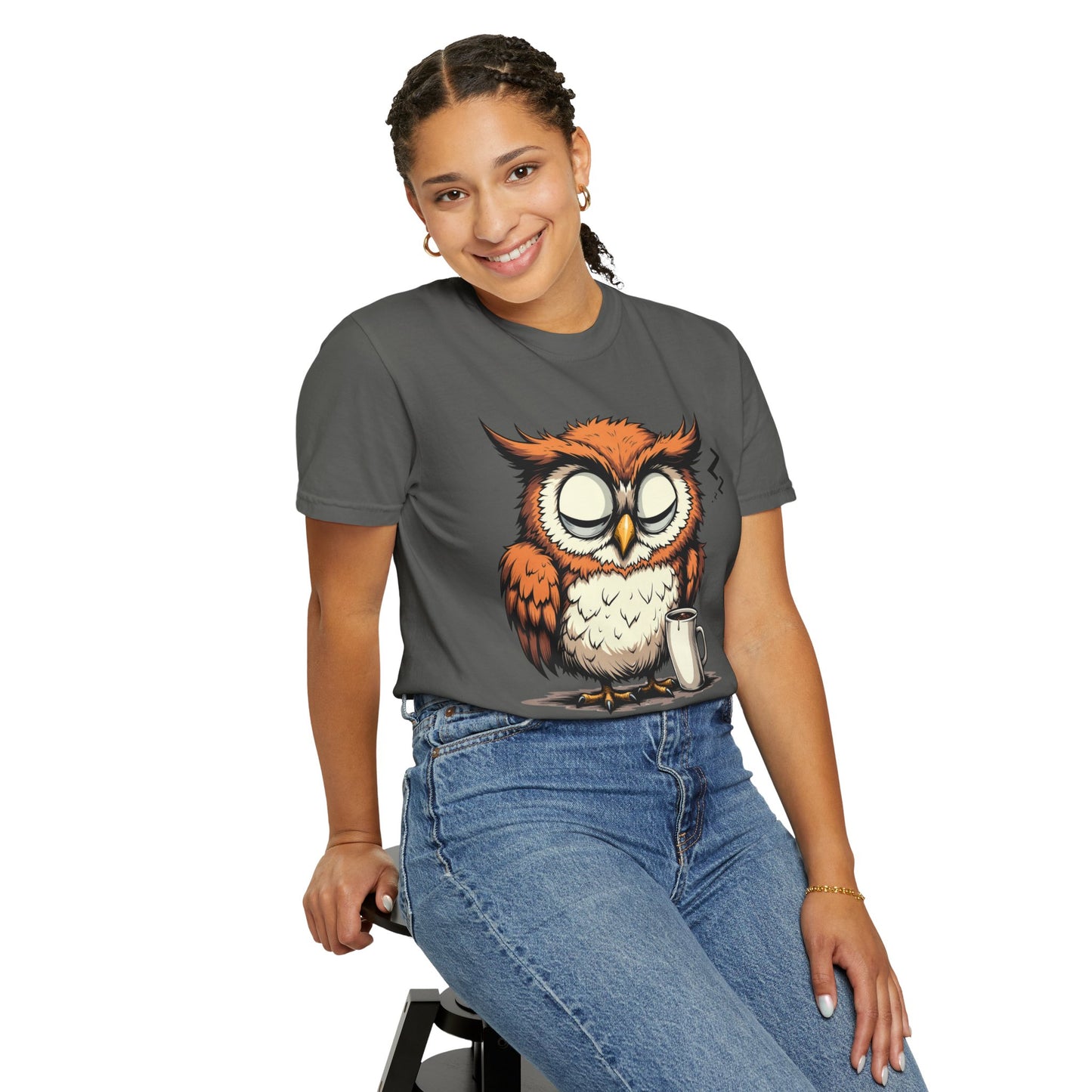 Sleepy Owl Coffee T-Shirt — "Gimme a Minute" Cute Morning Tee