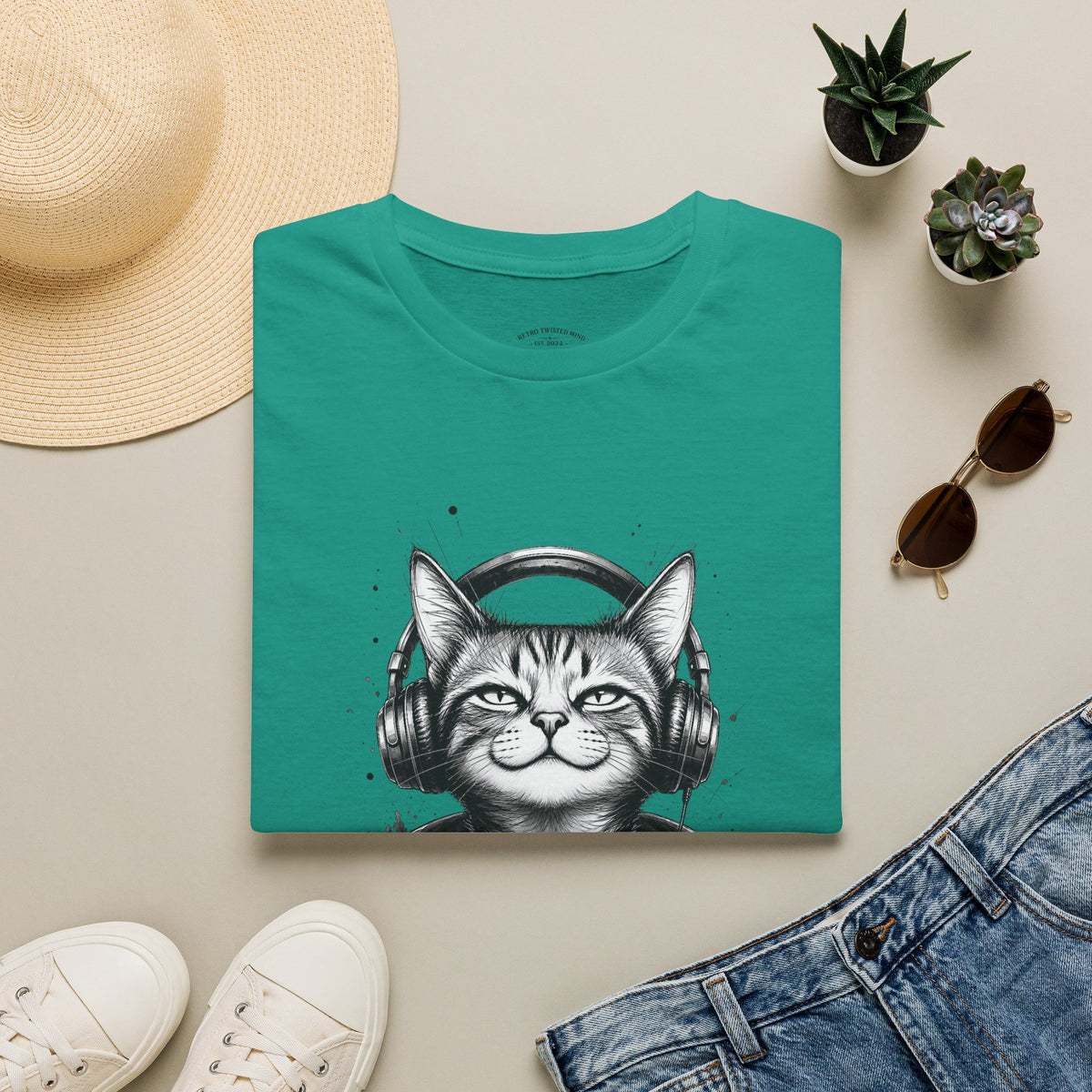 T-Shirt — Cat with Headphones "Mentally: Somewhere Else" – Cute Relaxed Graphic Tee for Cat Lovers