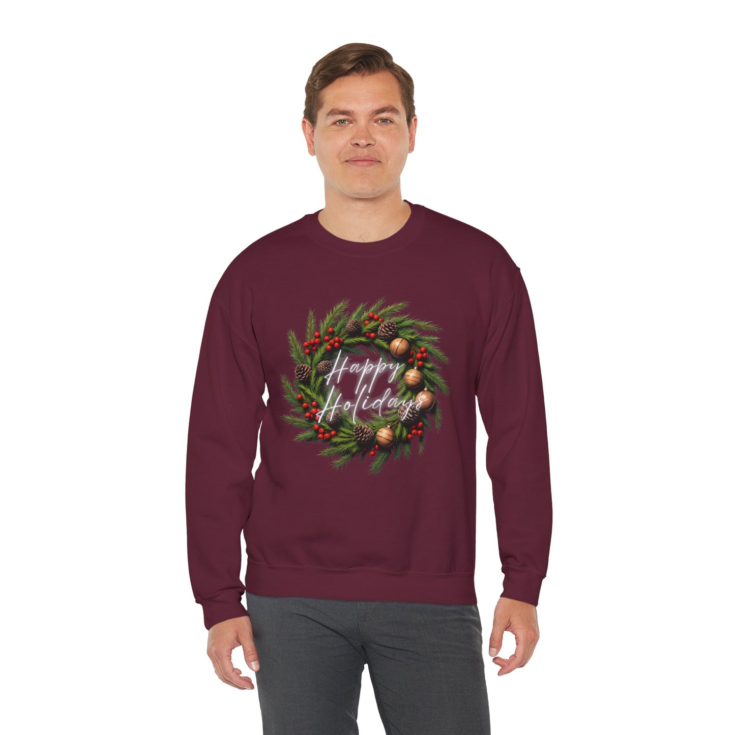 Christmas Wreath Crewneck Sweatshirt – Festive Pine & Ornaments Holiday Sweater